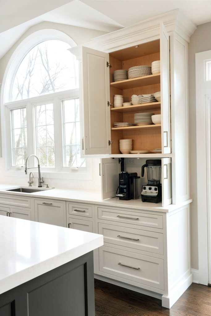 Wellsford Cabinetry Custom Kitchen Framed Plain Inset in Designer White Wall Cabinet with Appliance Garage Open