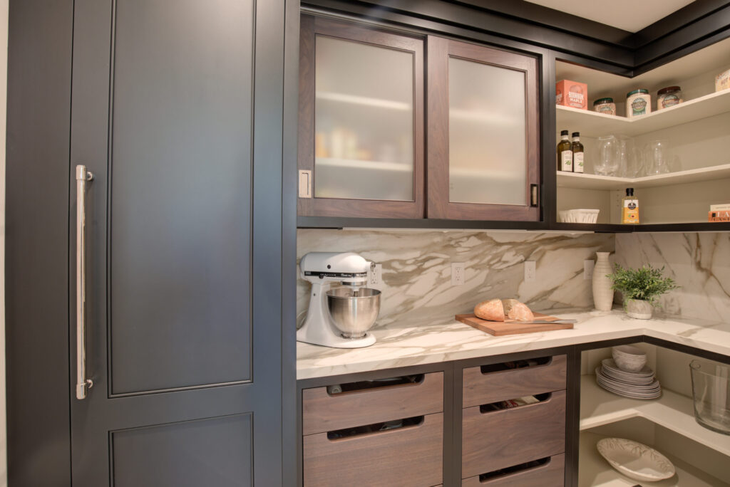 Wellsford Cabinetry Custom Cabinetry Walk In Pantry Storage Fresh Design Group Thermador Appliance Panel Slab Drawer fronts with custom notched finger pulls